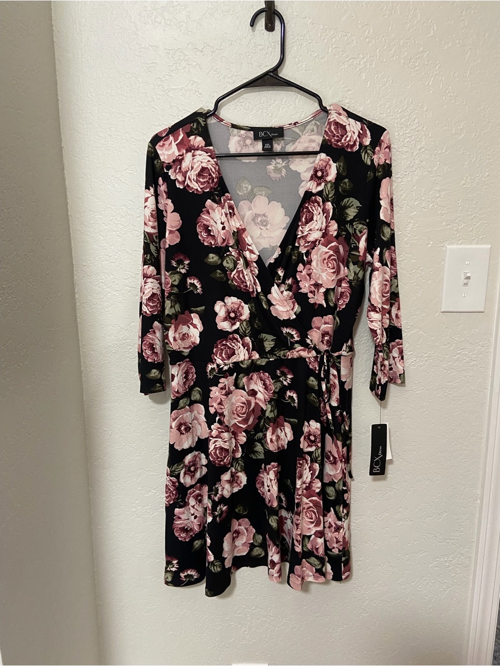 BCX Black Wrap Dress with Pink Rose Floral Print